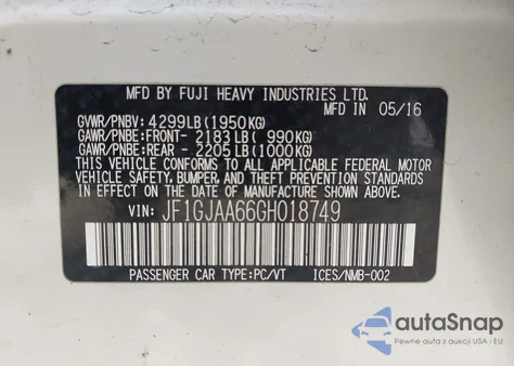 2016 Subaru Impreza 2.0I z USA, uszkodzony, nr VIN JF1GJAA66GH018749